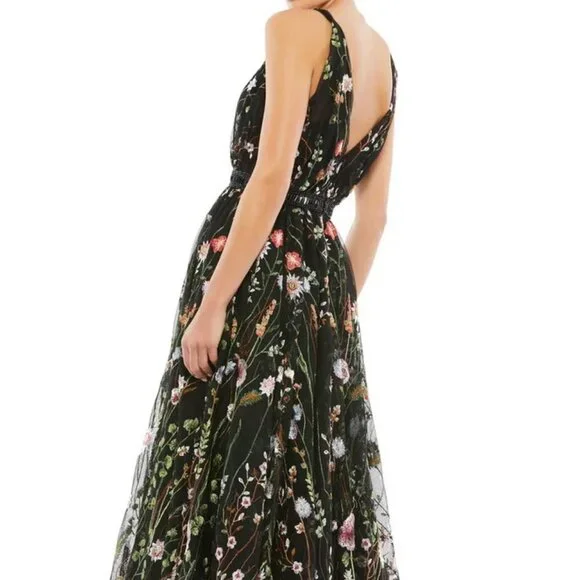 Mac Duggal Black Multi Floral Embroidered Mesh Midi Cocktail Dress - Picture 3 of 5